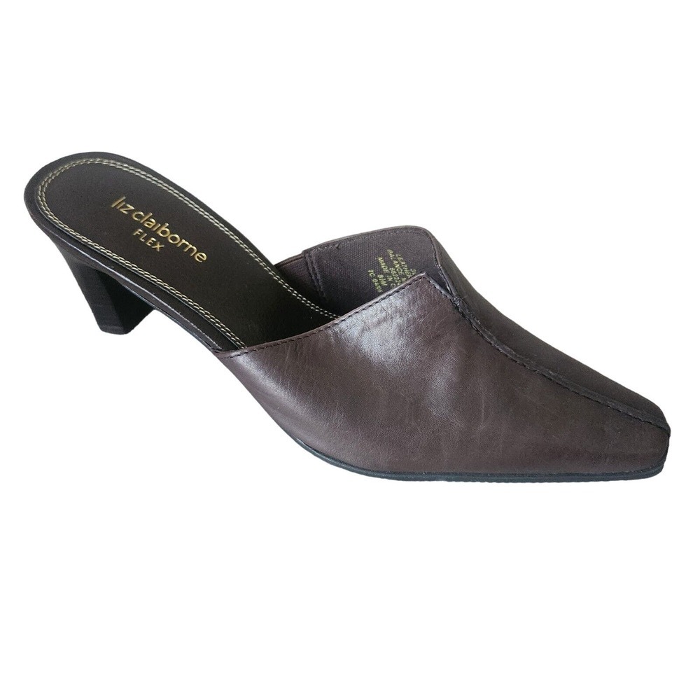Liz Claiborne Flex Guild Rich Brown Leather‎ 2.75" Heel Shoes Mules Womens 8.5 M